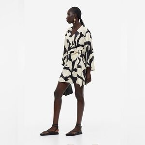 Black & Cream Abstract Wrap Dress